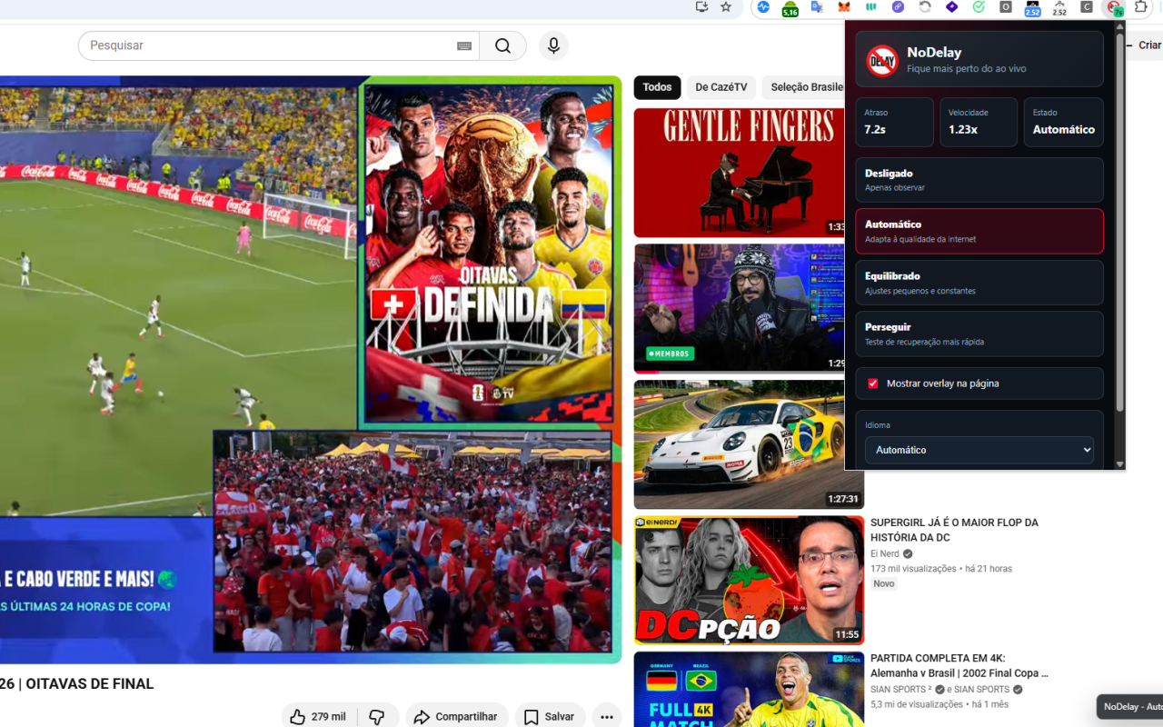 NoDelay extension popup running on YouTube